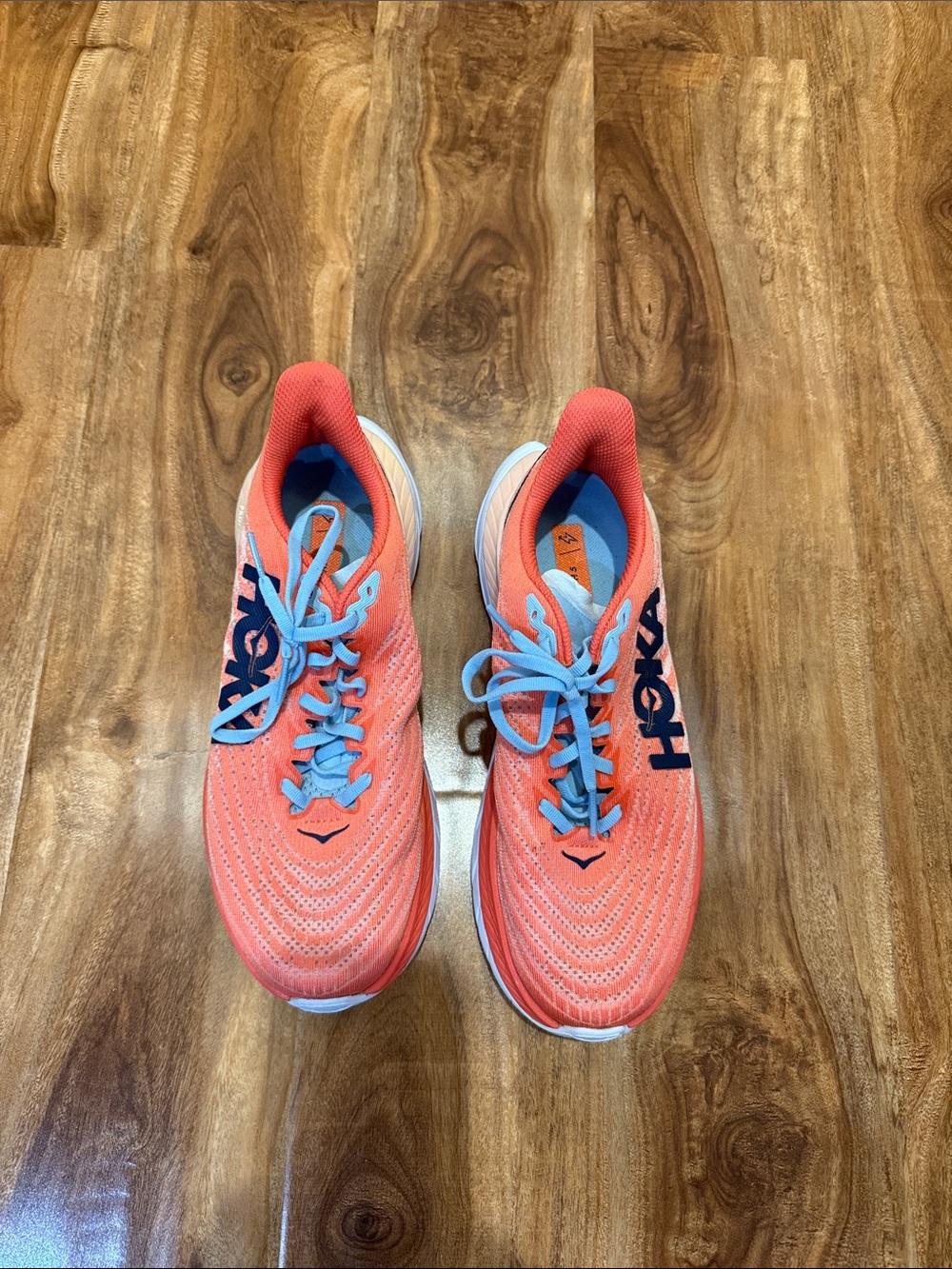 Hoka Mach 5 pro fly plus Women's Coral Running Shoes with Light Blue Laces - Picture 2 of 9